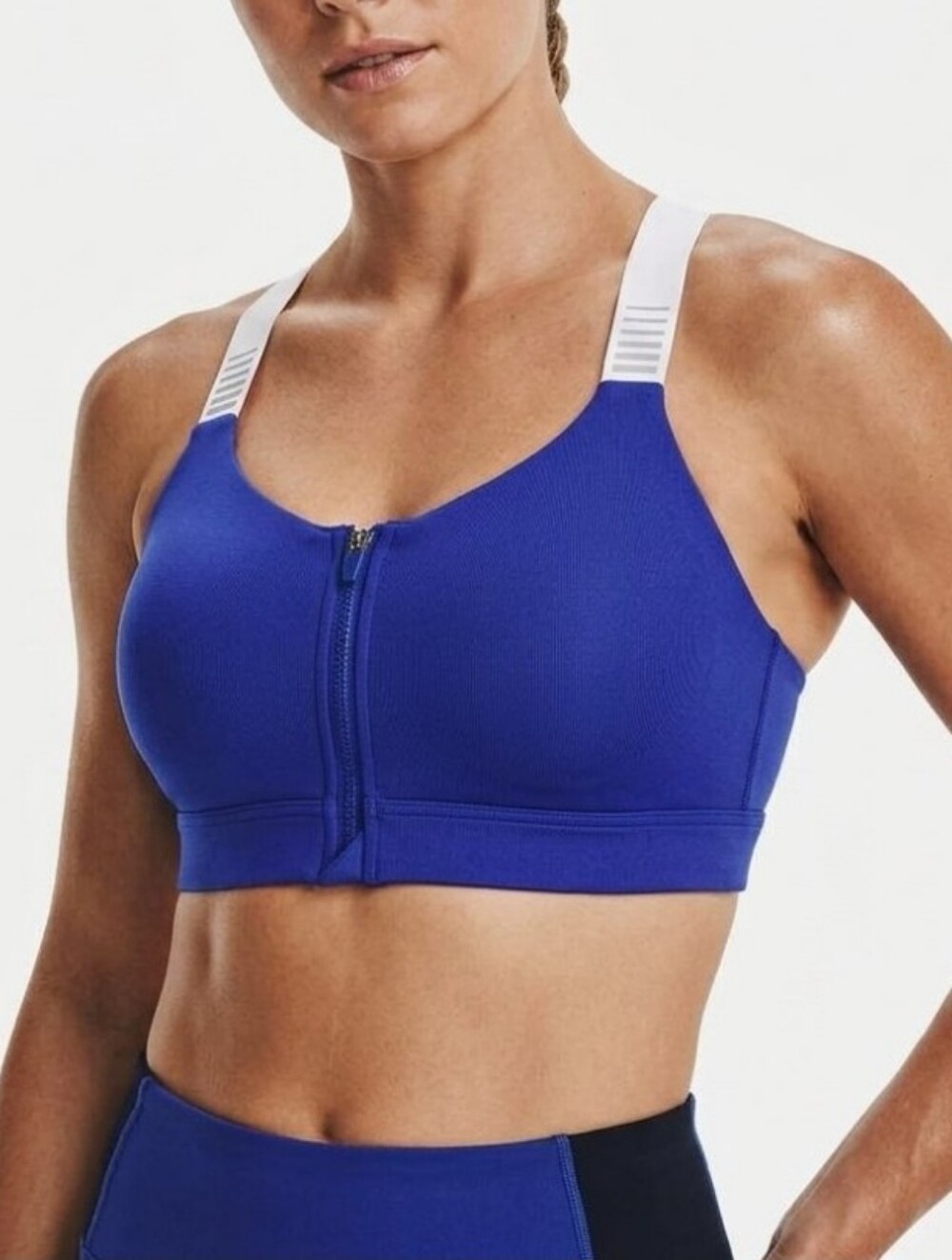 Under Armour Fitted Zip Front Crossback Sports Bra Wireless Full Cover Blue 36B